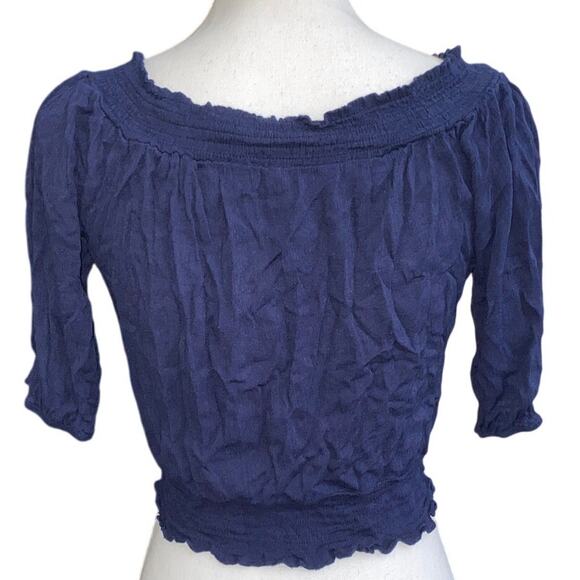 Lace Up Front Ruffled Cropped M Long Sleeve Blouse Top Navy Blue Pirate Medieval - Picture 3 of 8
